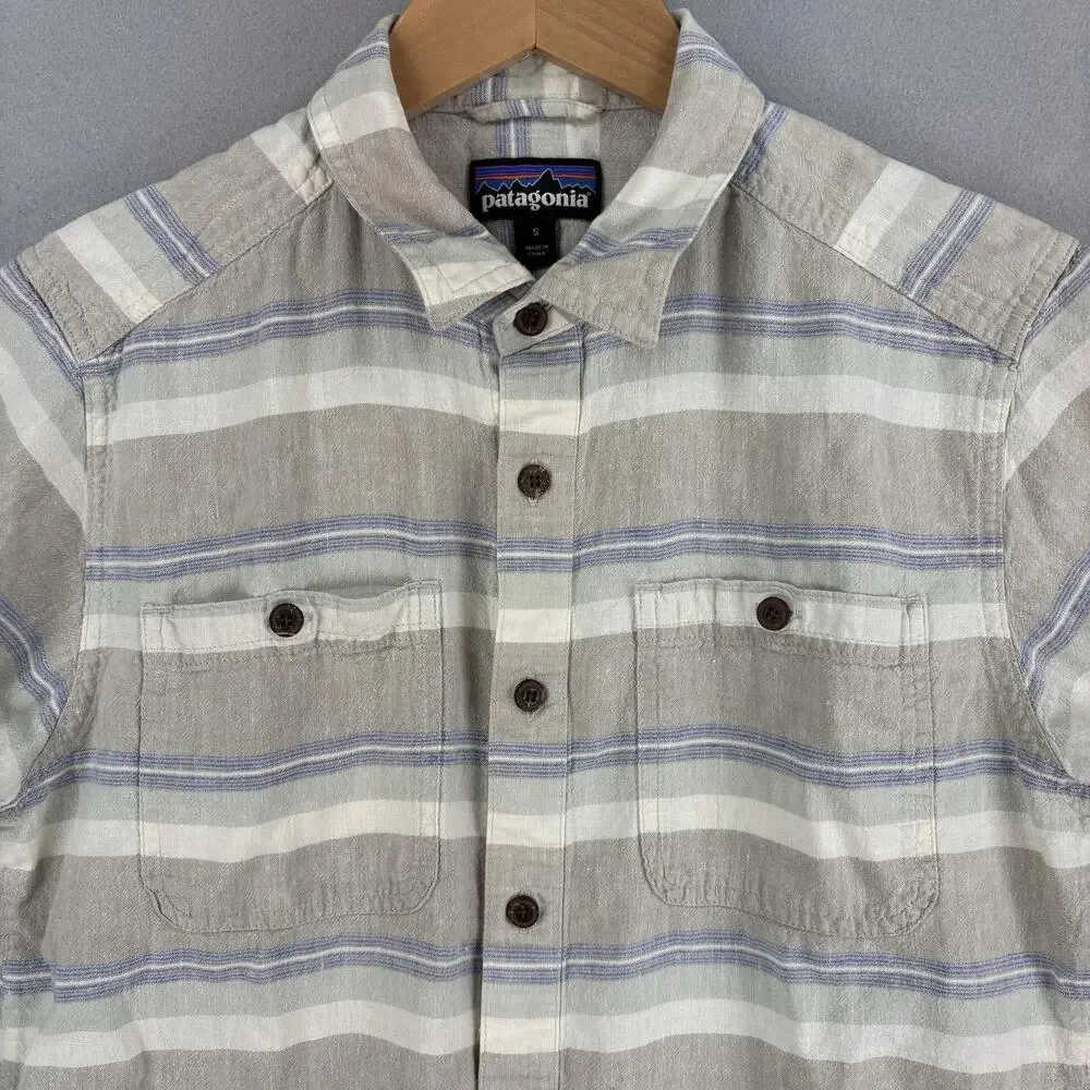 Patagonia Back Step Shirt Small Beige Stripe Short Sleeve Button Up Hemp Cotton - Picture 2 of 10